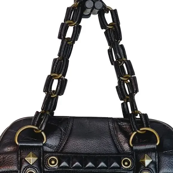 Vintage Betsy Johnson Chains Studs Croc Print Leather Multi-Sectional Punk Bag - Picture 3 of 16